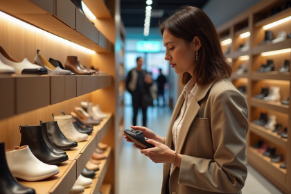 Femme examinant des chaussures dans un magasin moderne