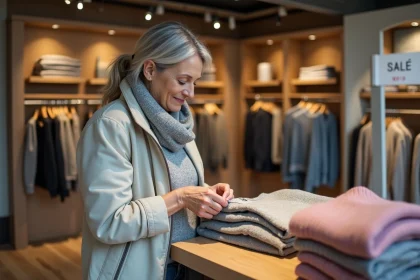 Femme examinant une &eacute;tiquette sur un pull en magasin