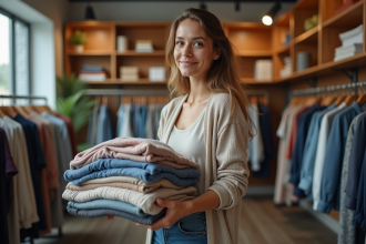 Jeune femme avec pile de vêtements dans un magasin moderne