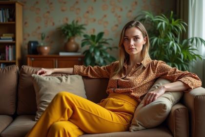 Femme en pantalon moutarde et blouse vintage dans un salon rétro