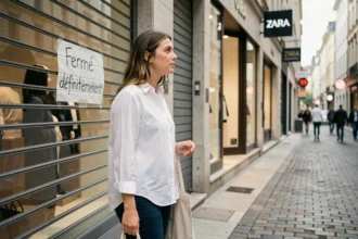 Femme devant une boutique Zara fermée définitivement avec un sac réutilisable, regard pensif sur la vitrine condamnée