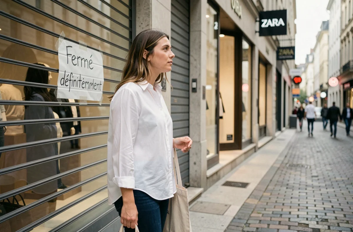 Femme devant une boutique Zara fermée définitivement avec un sac réutilisable, regard pensif sur la vitrine condamnée