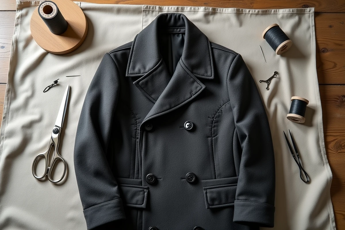 Vue de dessus d'un manteau gris avec poche cousue entouré d'outils de couture sur table en bois