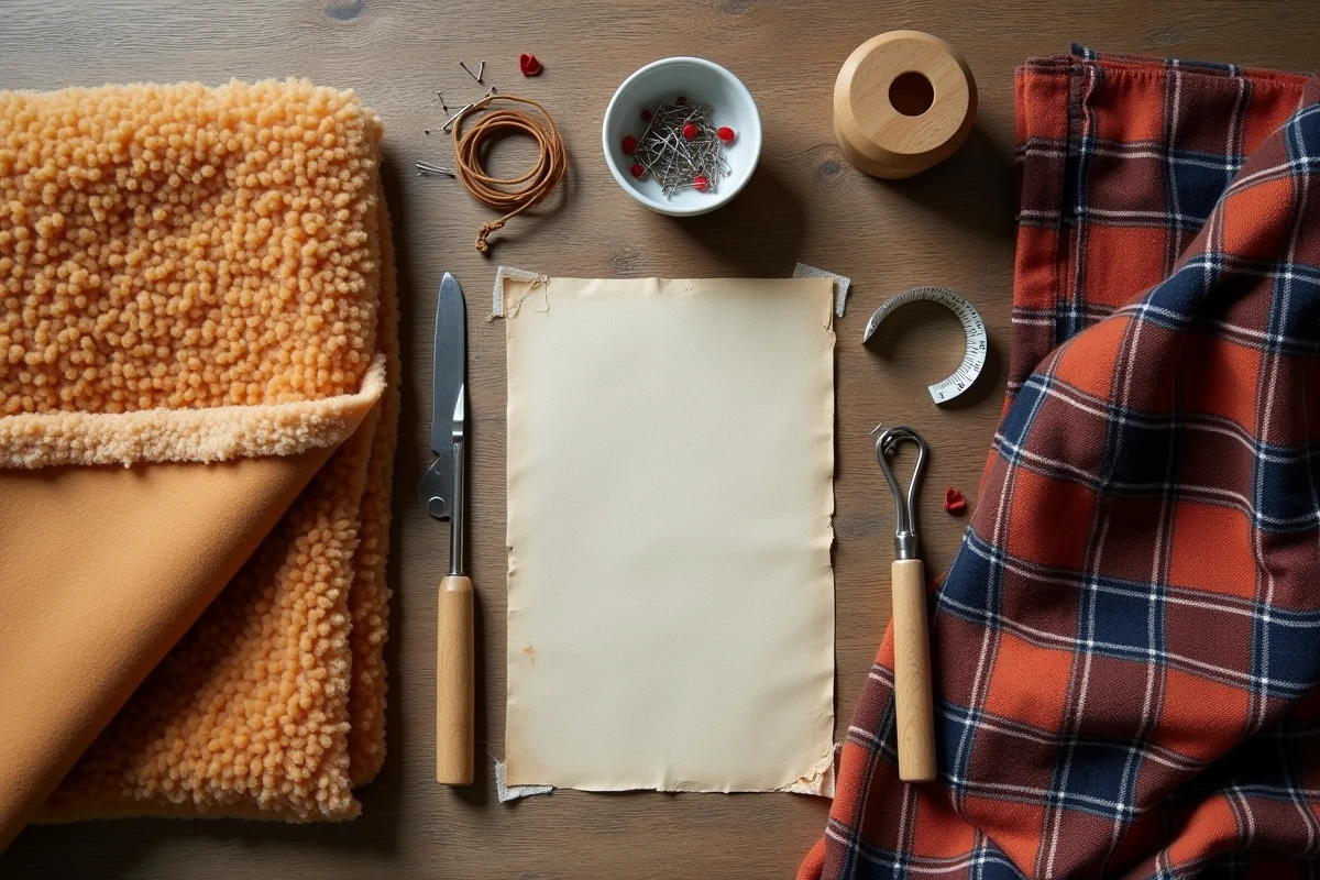 Flat lay des matériaux nécessaires pour réaliser une doublure sherpa sur un plaid : tissu, épingles et accessoires de couture