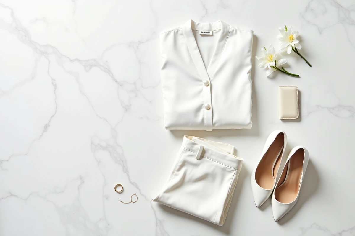 Flat-lay d'une tenue blanche complète pour mariage civil minimaliste avec accessoires dorés sur marbre blanc