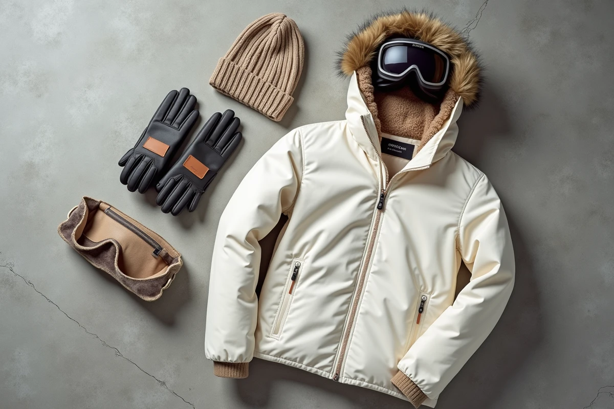 Flatlay d'accessoires et vêtements de ski de luxe sur fond béton, incluant veste, gants, bonnet en laine mérinos et lunettes de ski haut de gamme