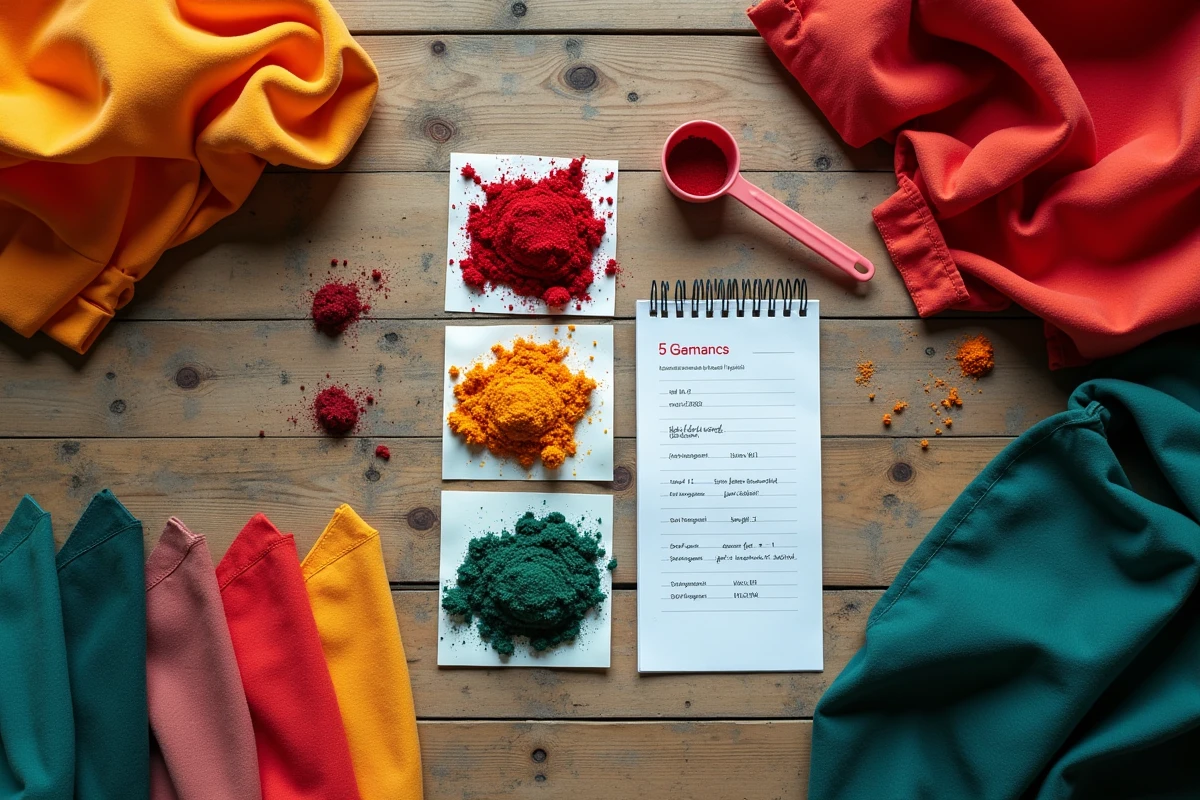 Fournitures économiques pour teindre le polyester : sachets de teinture synthétique, tissu coloré et notes de recettes DIY sur établi en bois