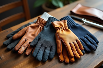 Sélection de gants en cuir laine coton et synthétique sur table