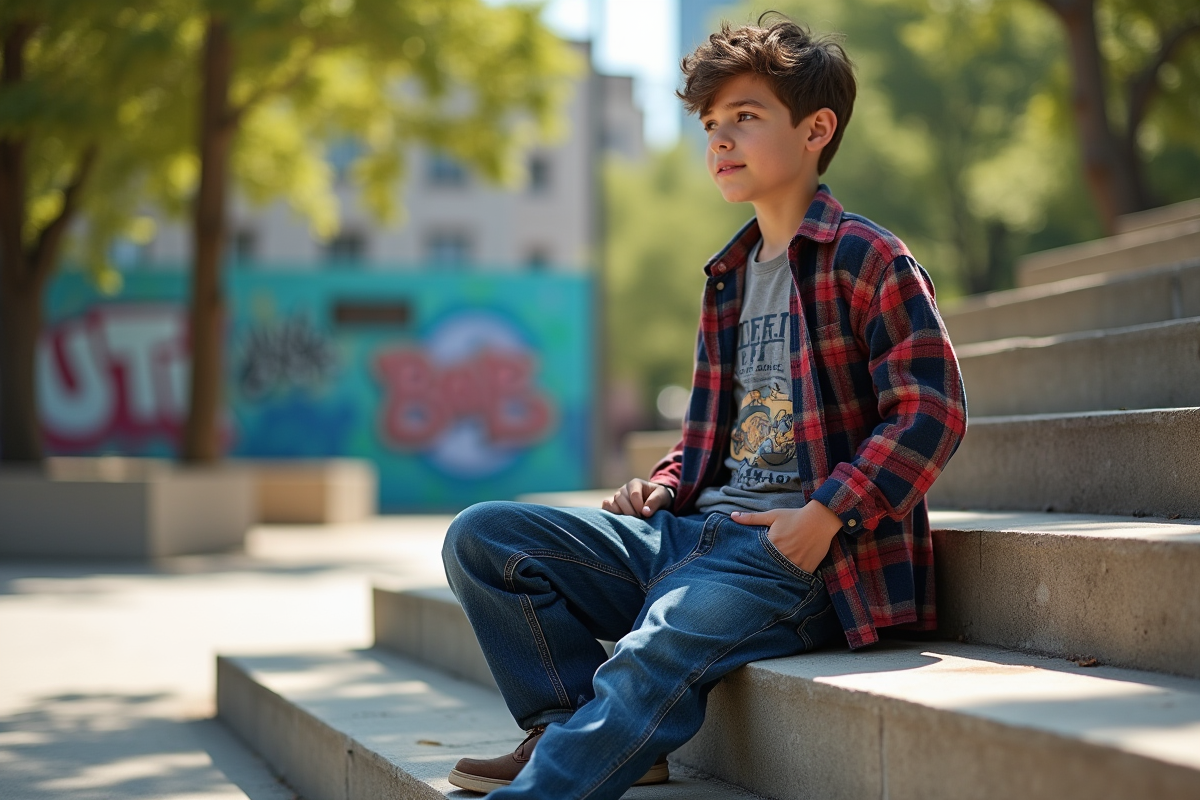 Garçon mode en jeans baggy dans un parc urbain ensoleille