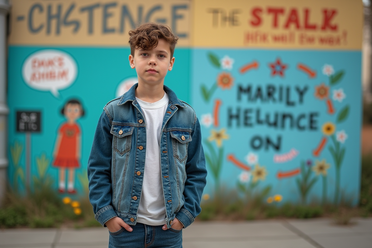 Adolescent en veste en denim recyclé devant une fresque anti-fast fashion