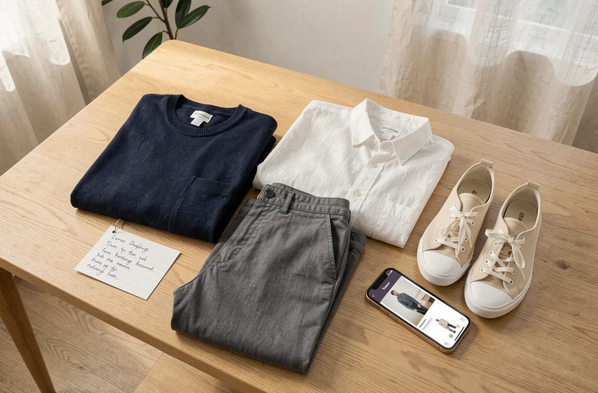 Garde-robe capsule minimaliste sur une table en bois avec une liste de courses manuscrite, alternative à la fast fashion après la fermeture de Zara