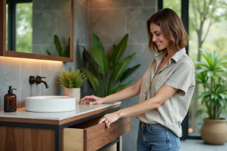 meuble de salle de bain écolo conçu par Les Sismo pour Delpha