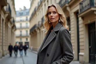Jerry Hall posant avec un sac Chanel dans une campagne élégante