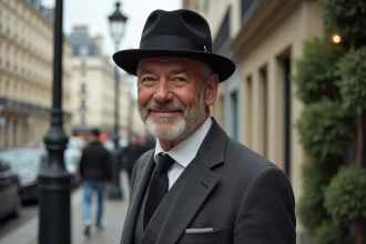 Chapeau melon noir sur un mannequin élégant en milieu urbain