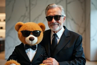 Karl Lagerfeld avec un ours en peluche Steiff élégant