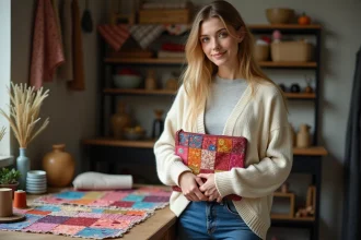 Pochette patchwork Minority avec fermoir en métal et anse en cuir