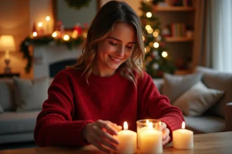 Bougies parfumées aux senteurs de Noël dans un décor festif