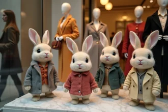 Lapins Nabaztag stylisés par des créateurs dans une vitrine des Galeries Lafayette