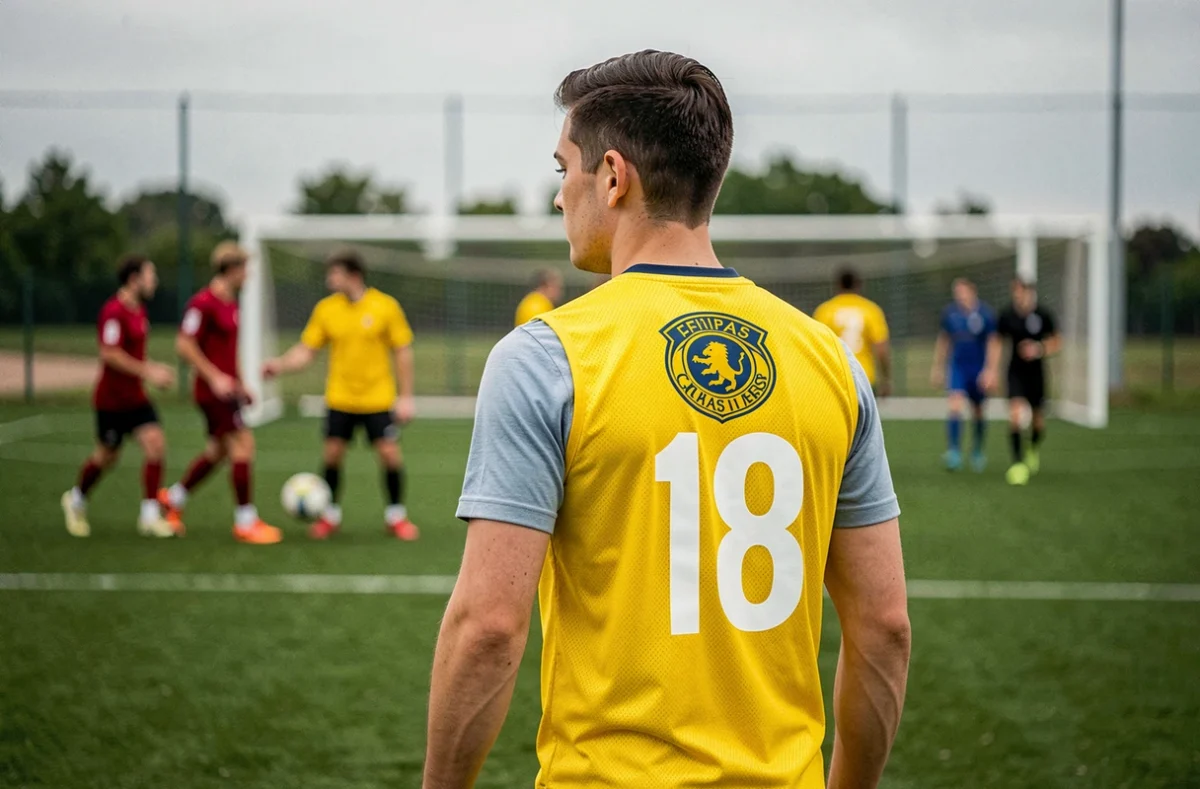 Joueur de football portant un gilet jaune personnalisé avec numéro de joueur et logo de club lors d'un entraînement sur terrain