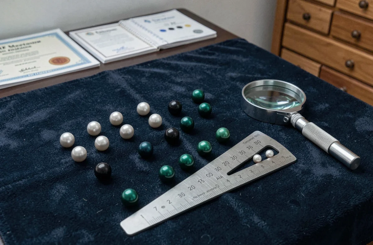 Perles de Tahiti de qualité AAA disposées sur velours bleu avec outils de gradation gemmologique et loupe de bijoutier