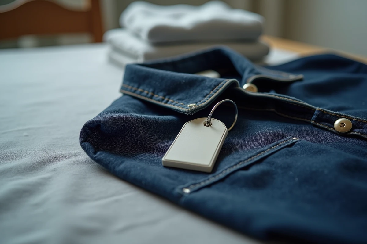 Gros plan sur un antivol encre fixé sur le col d'une veste en jean posée sur une surface textile grise