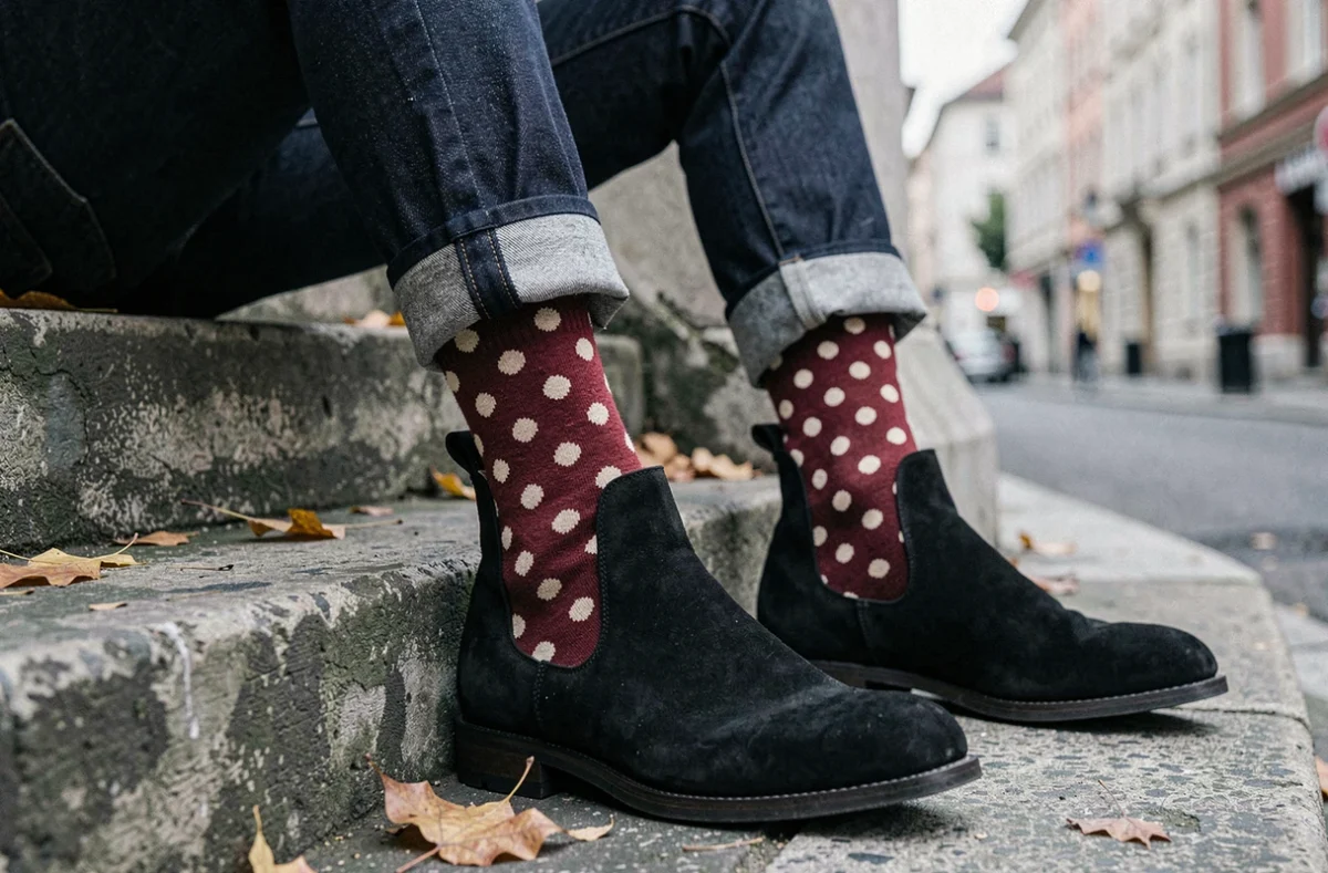 Gros plan sur des chaussettes à pois rouges et blancs portées avec un jean selvedge et des bottines Chelsea noires sur des marches en béton