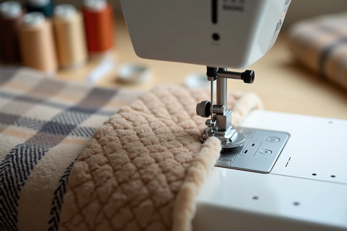 Gros plan de la couture d'une doublure sherpa sur une couverture en laine au point de machine