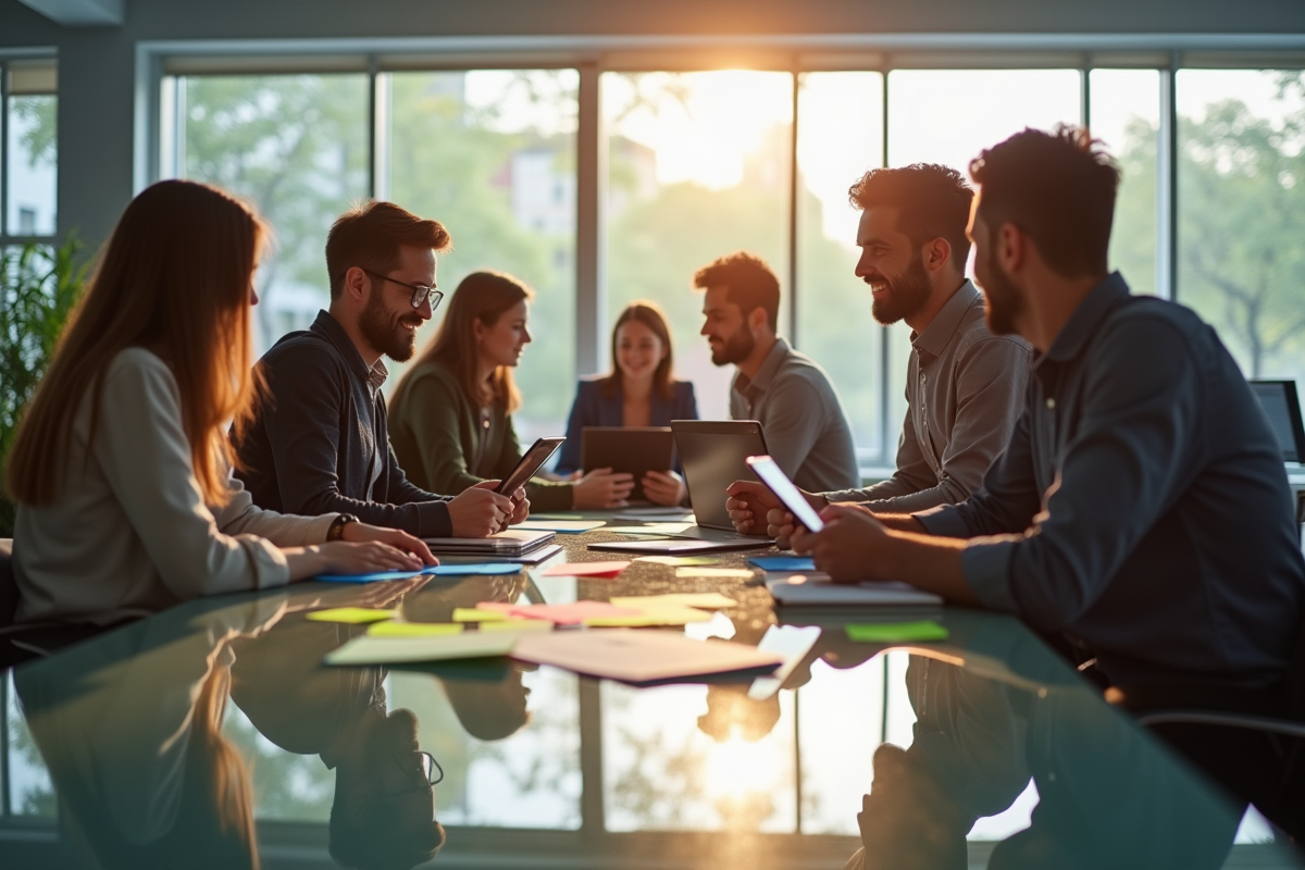 Groupe de jeunes professionnels brainstorming dans un bureau lumineux