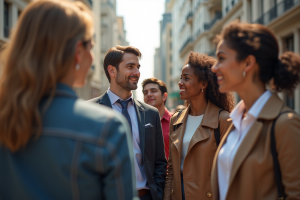 Groupe diversifié en discussion en milieu urbain ensoleille