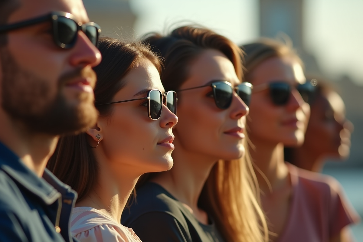 Groupe divers de personnes portant des lunettes de soleil en ville