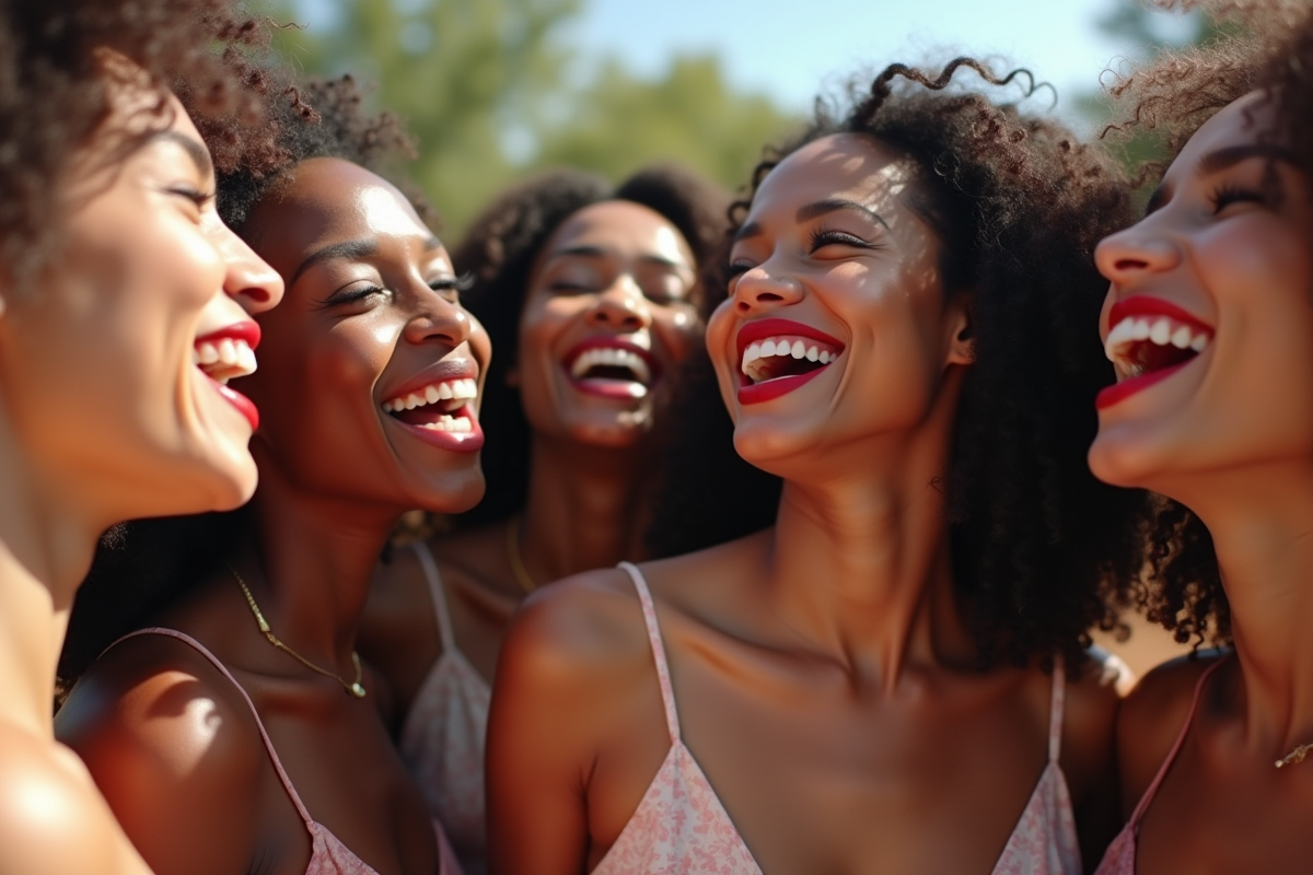 Groupe de femmes riant avec rouge à lèvres rouge en plein air