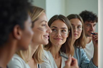 Groupe diversifié devant un miroir lumineux en train de tracer leur visage