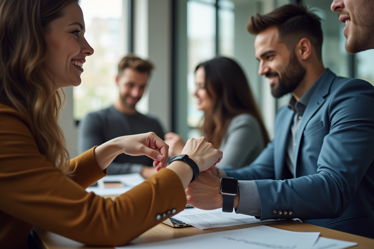 Groupe de jeunes professionnels utilisant des smartwatches au bureau