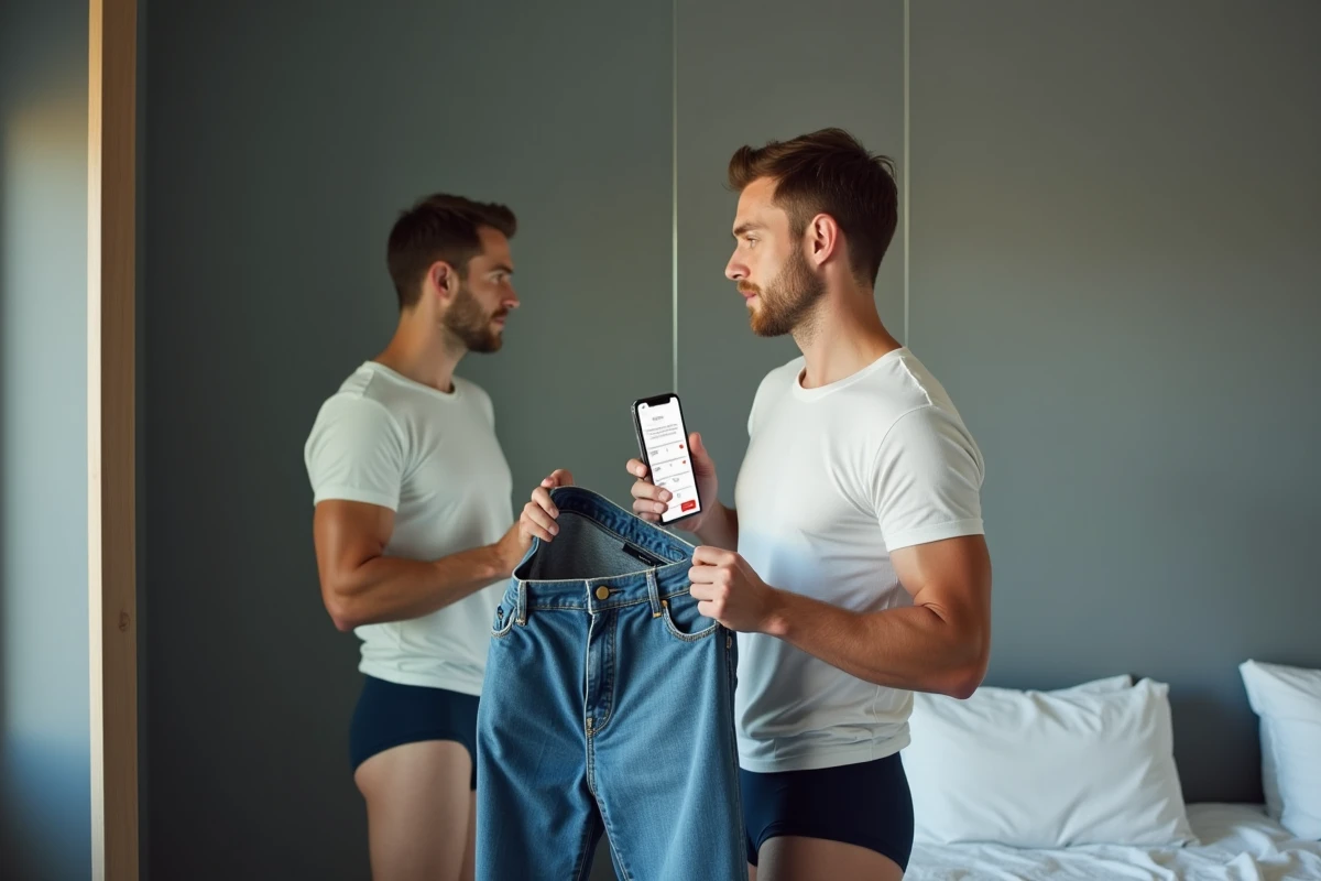 Homme tenant un jean devant un miroir en consultant un guide de tailles australiennes sur son smartphone avant un achat en ligne