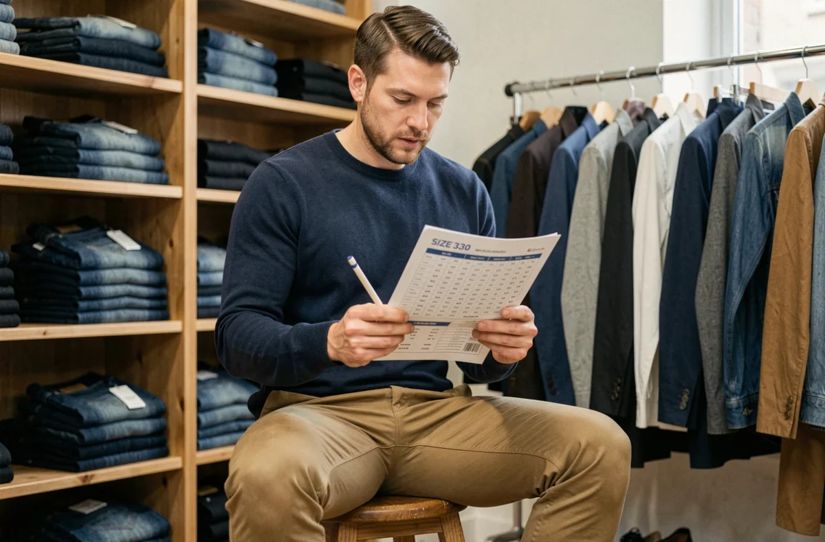 Homme consultant un guide des tailles de pantalon dans une boutique de vêtements pour hommes