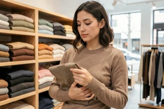 Femme consultant l'étiquette de taille d'un pull Uniqlo en magasin pour choisir la bonne taille selon sa morphologie