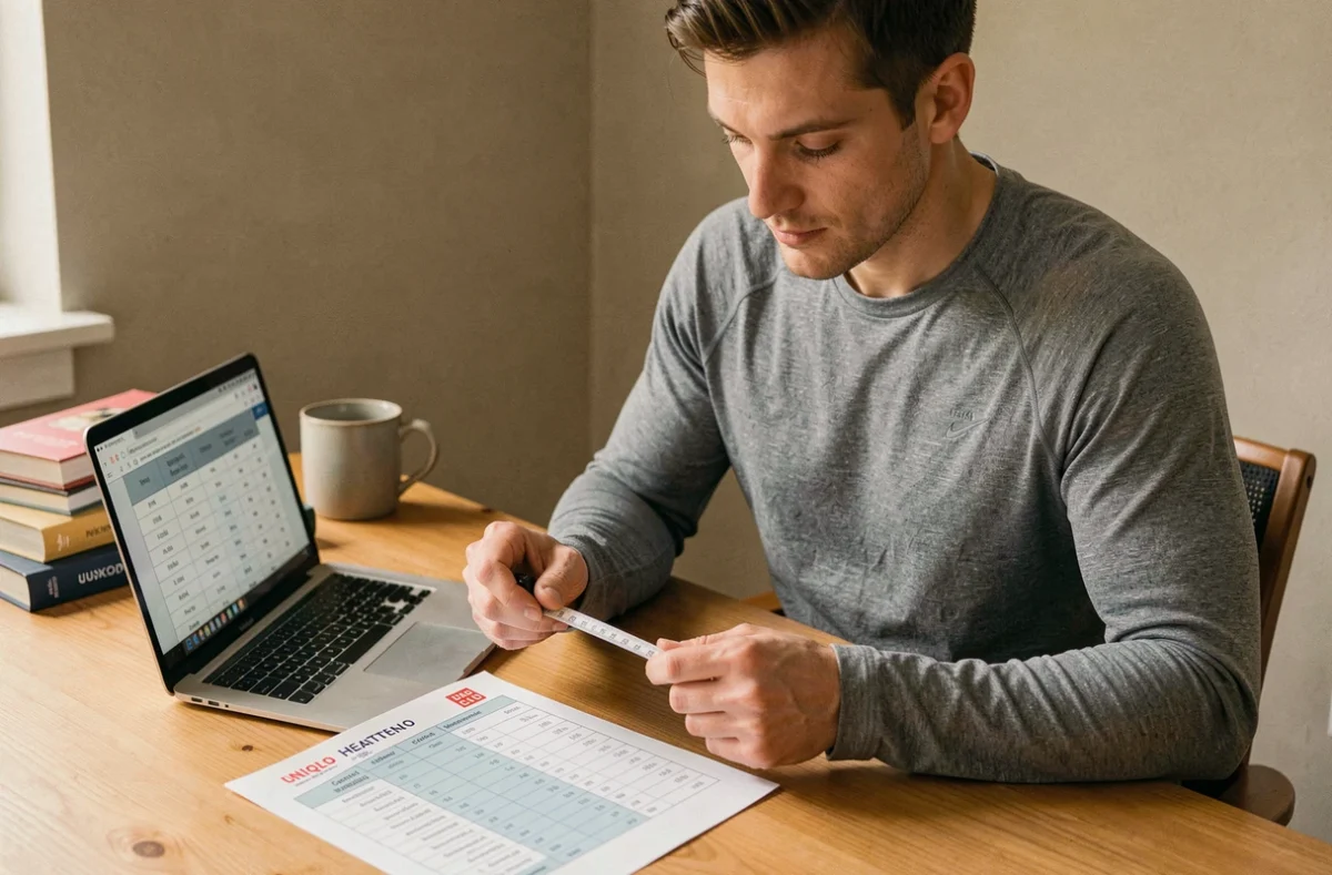 Homme comparant un guide des tailles Uniqlo imprimé avec un tableau de correspondance en ligne pour trouver sa taille idéale