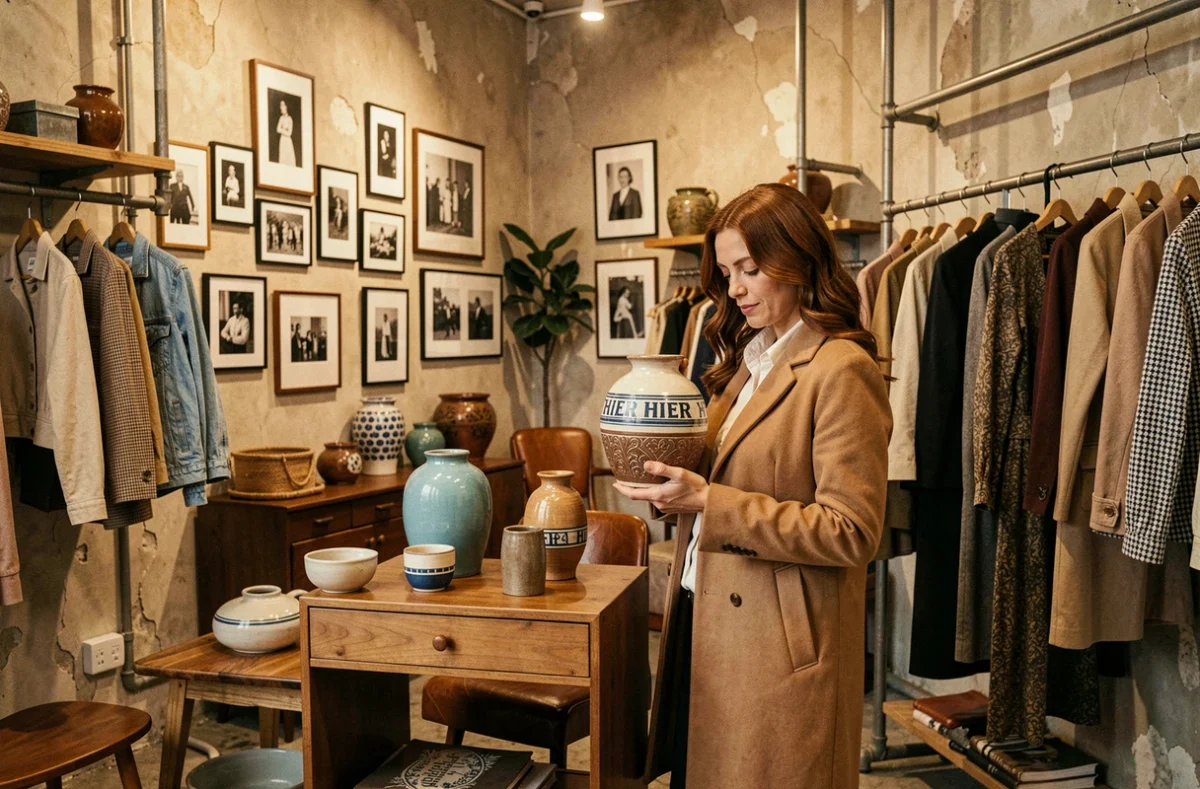 Intérieur de Hier Concept avec mobilier vintage mi-siècle, objets céramiques rétro et pièces de créateurs locaux sur des rails industriels