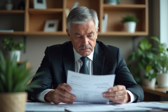 Homme d'affaires en costume noir consulte des factures médicales