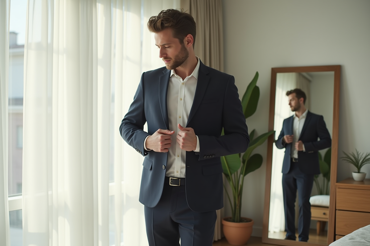 Homme élégant ajustant son blazer devant un miroir dans une chambre lumineuse