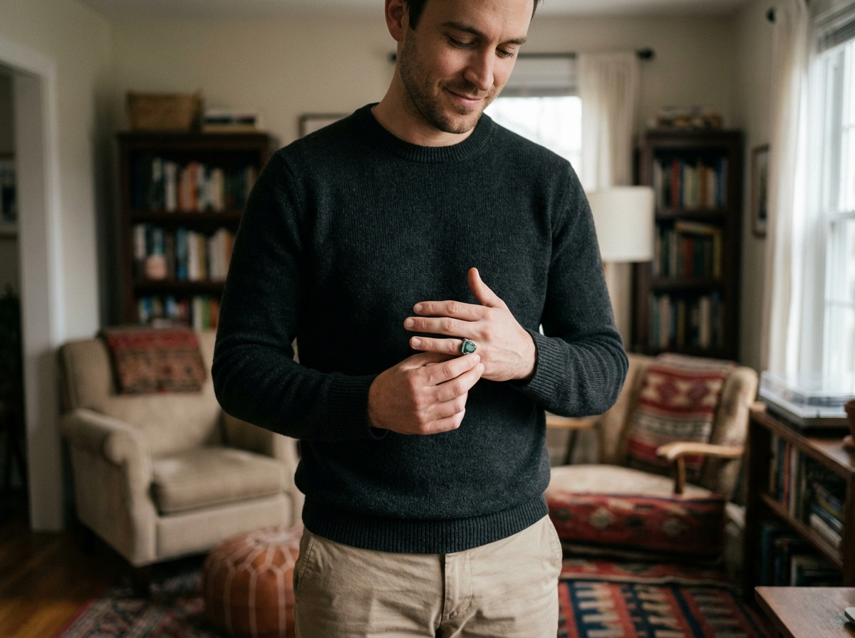 Homme posant une bague en pierre naturelle dans un salon cosy