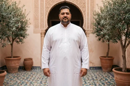 Homme arabe grande taille en thobe blanc brodé dans un riad marocain, vêtement traditionnel élégant pour homme fort
