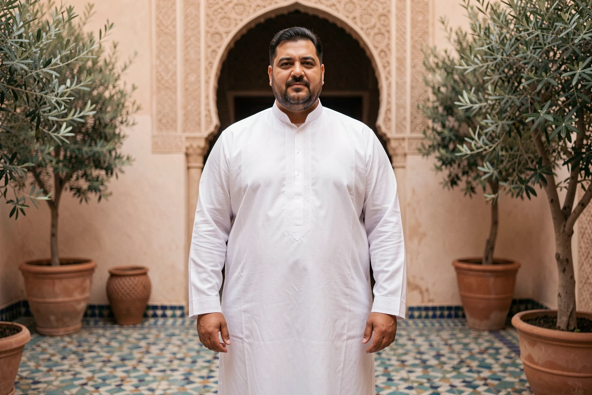 Homme arabe grande taille en thobe blanc brodé dans un riad marocain, vêtement traditionnel élégant pour homme fort