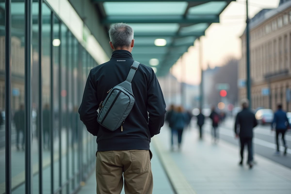 Homme avec sac à taille dans un station de tram