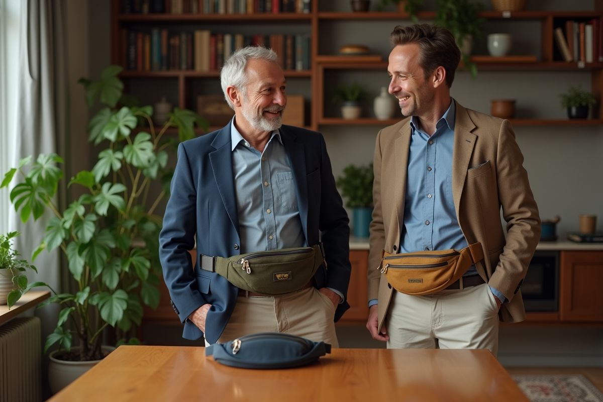Homme comparant deux sacs banane dans un intérieur cosy