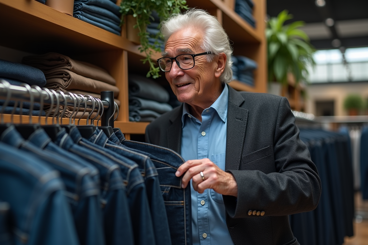 Homme d age regardant des jeans dans une boutique moderne