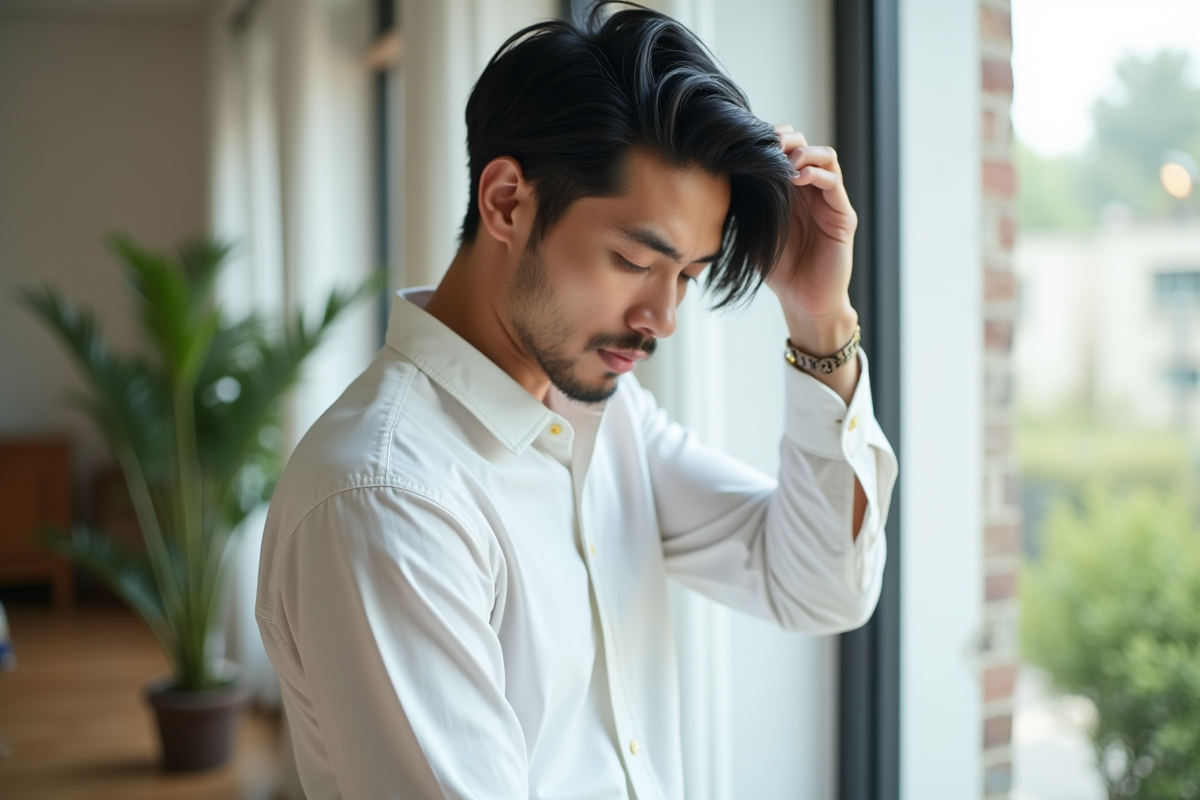 Homme coiffant ses cheveux noirs près d