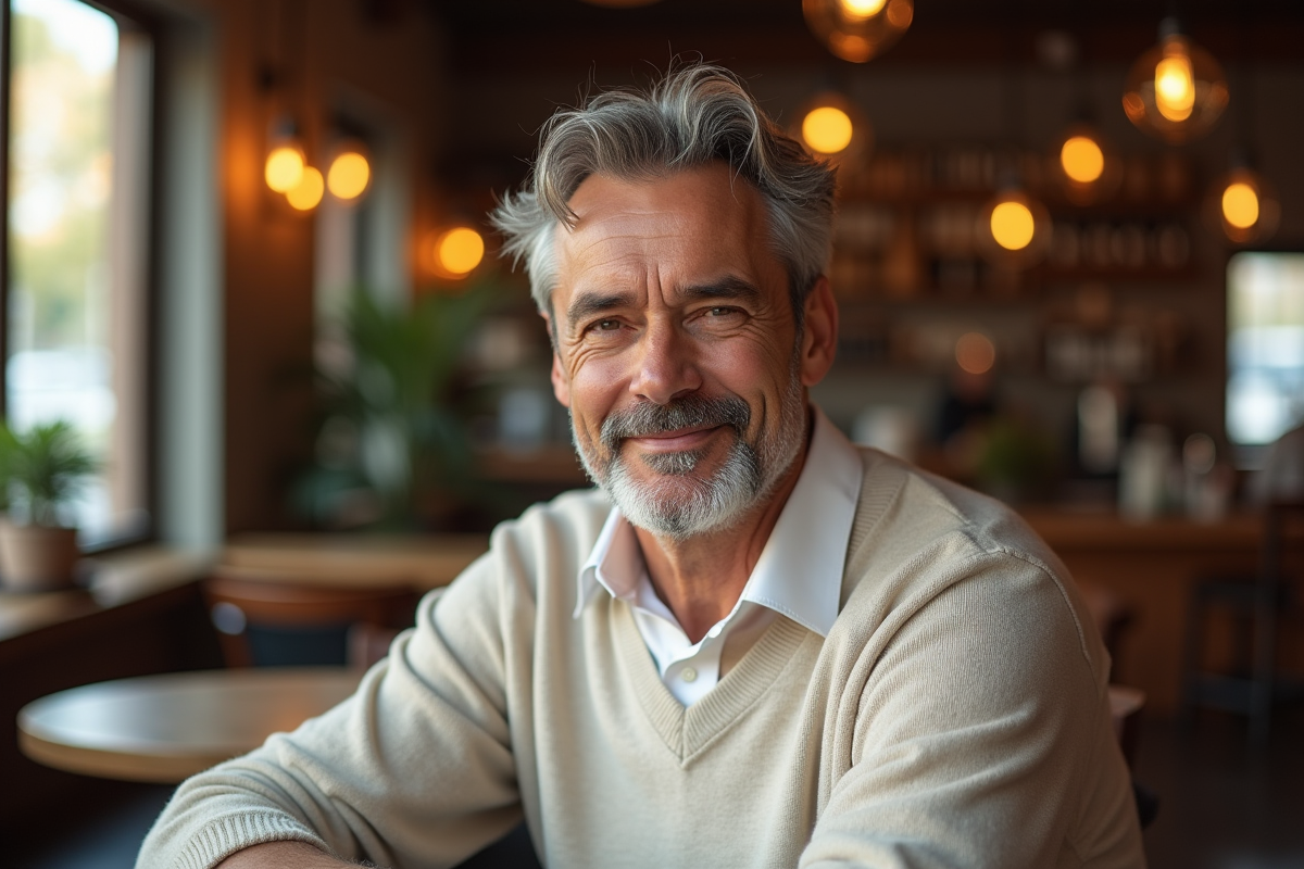 Homme mature assis dans un café moderne avec lumière naturelle