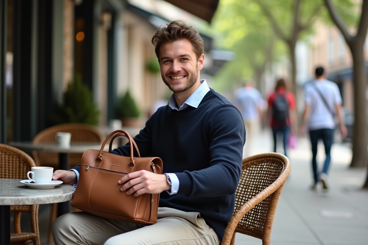 Homme assis au café posant un sac à main sur la table