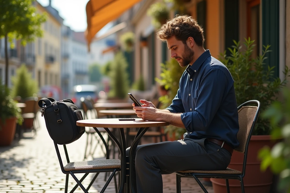 Homme au café avec sac à bandoulière en extérieur